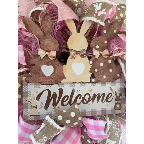 Beige Pink Welcome Easter Bunny Rabbit Mesh Ribbon Spring Wreath Door Hanger - Picture 2 of 7